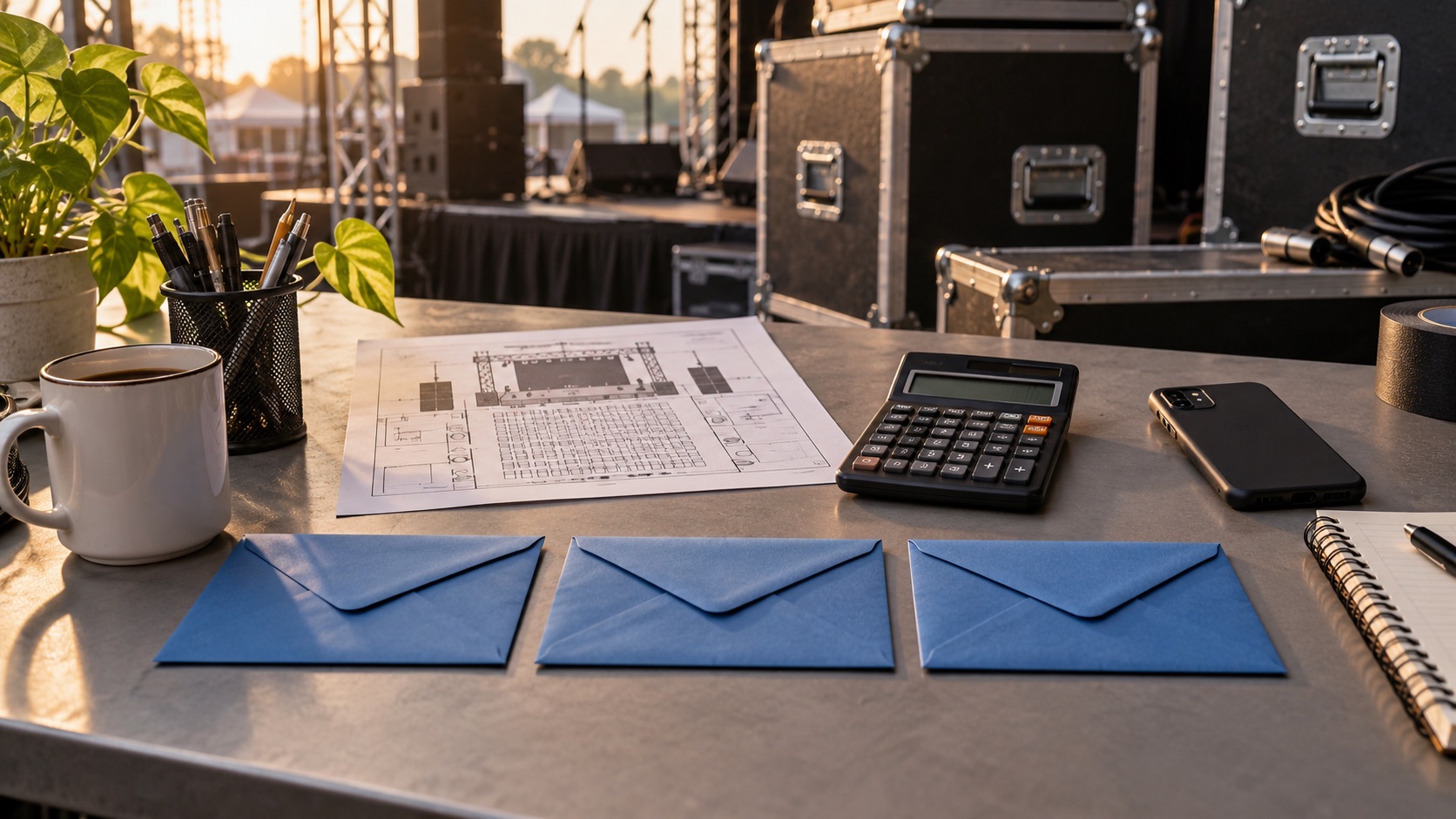 AI-generated illustration of payment milestone envelopes beside a concert production plan