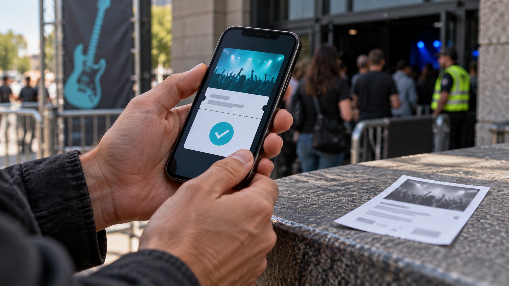 AI-generated illustration of a ticket wallet on a phone at a concert entrance