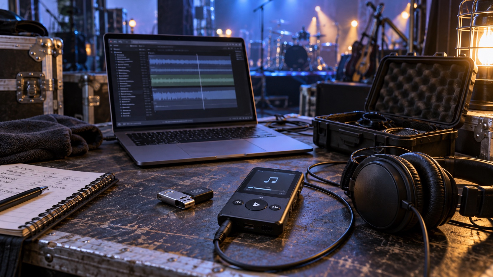 AI-generated illustration of an independent backup music player beside a stage laptop