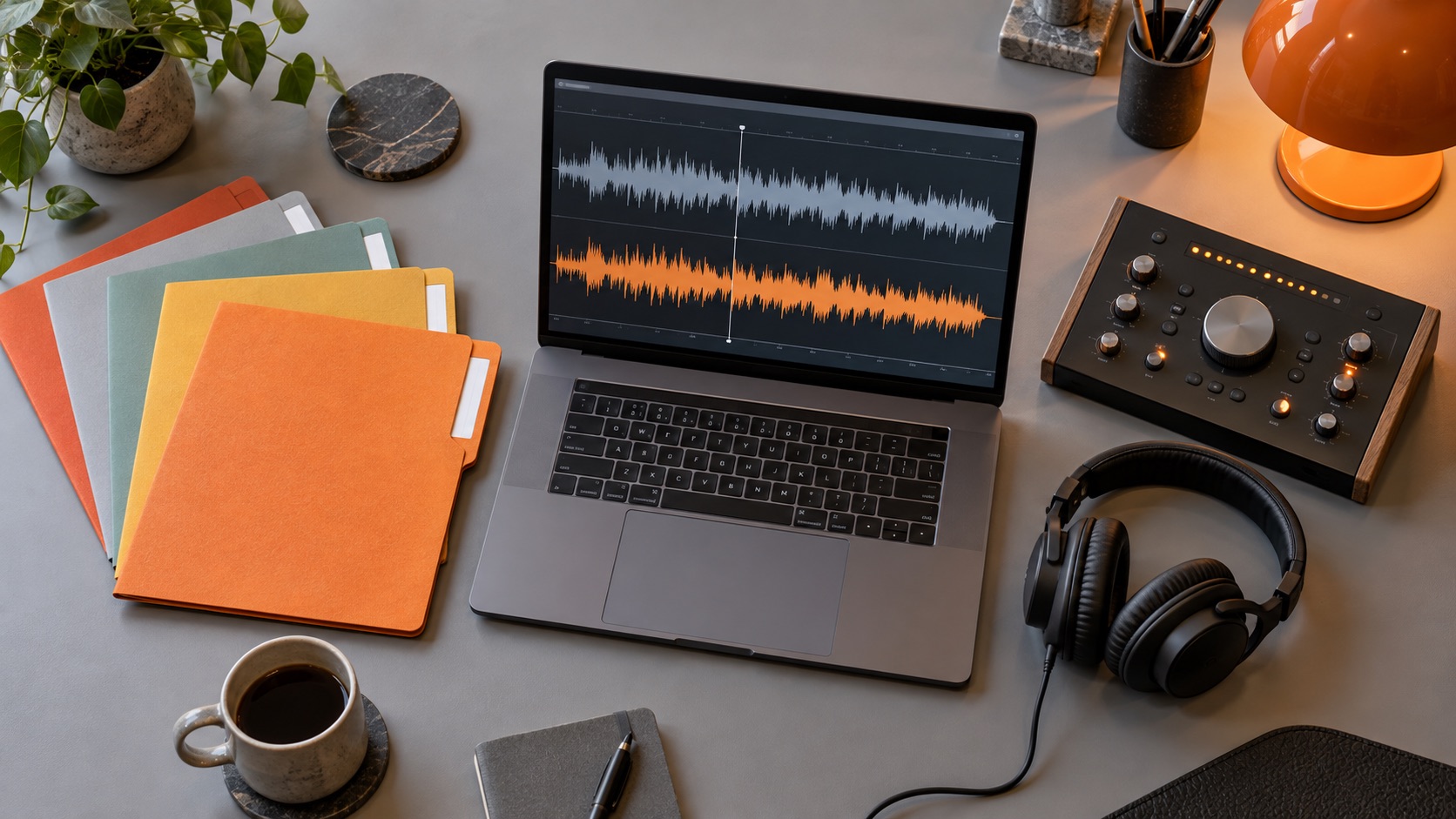 AI-generated illustration of a mastering workstation with separate stem folders