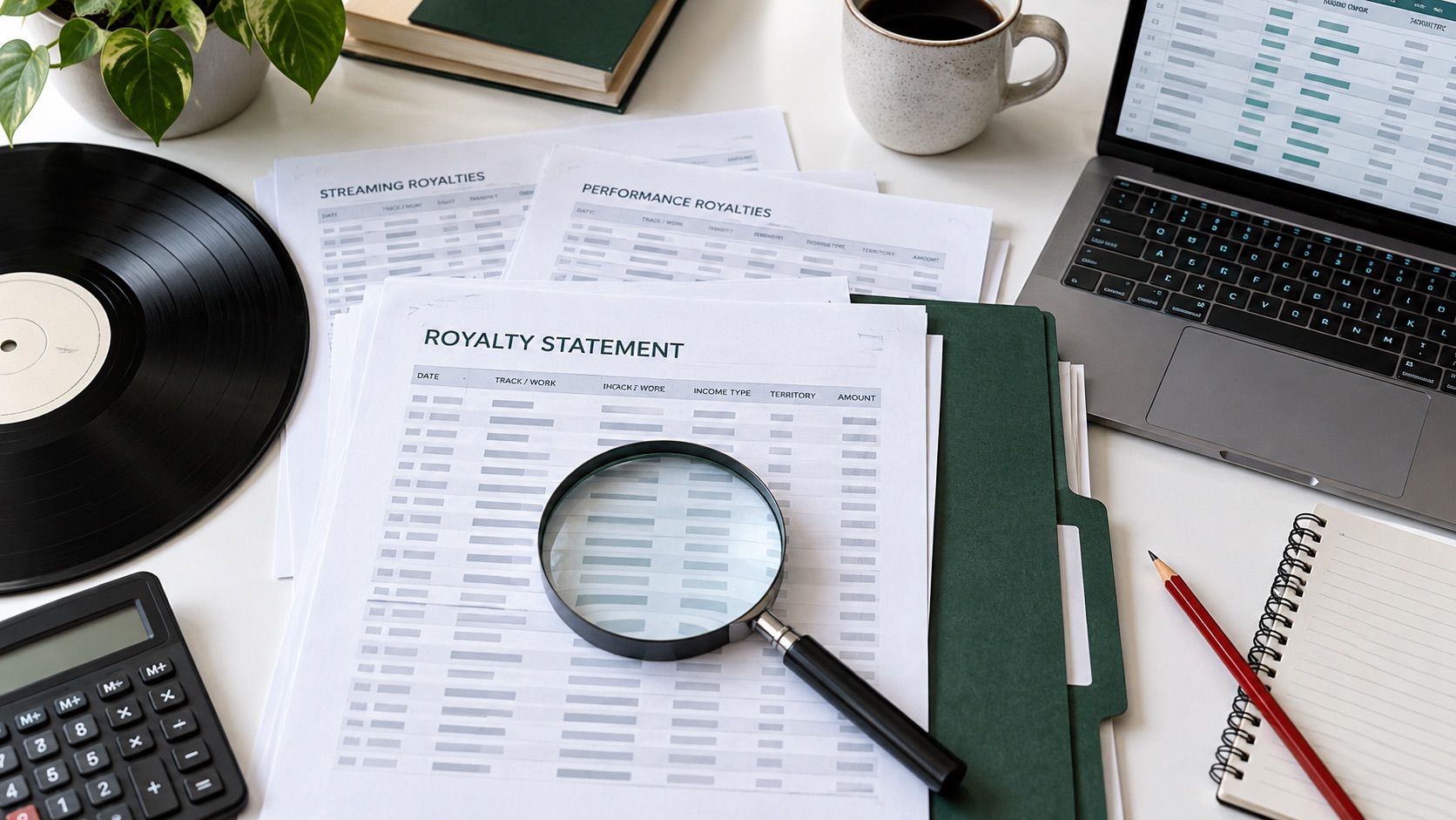 AI-generated illustration of organized royalty statements beside a vinyl record