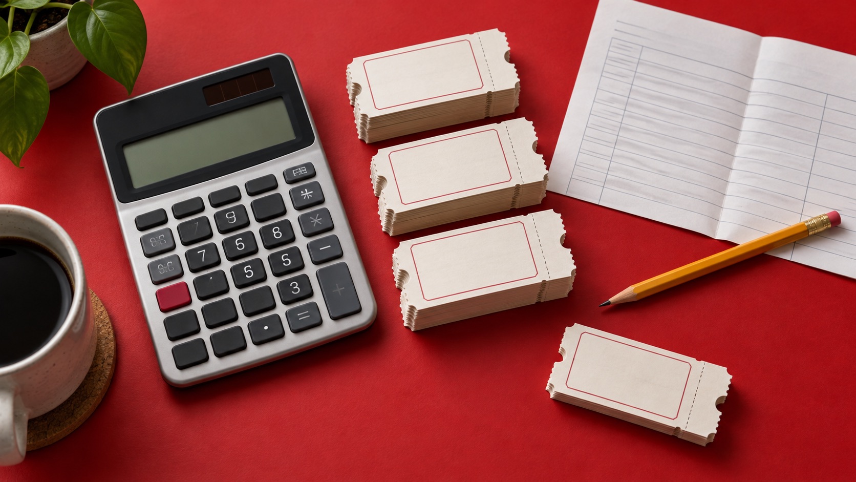 AI-generated illustration of ticket stacks and a calculator for a gig budget
