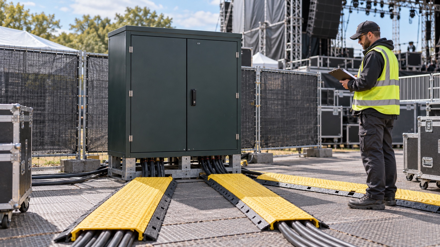 AI-generated illustration of closed concert power equipment in a backstage service area