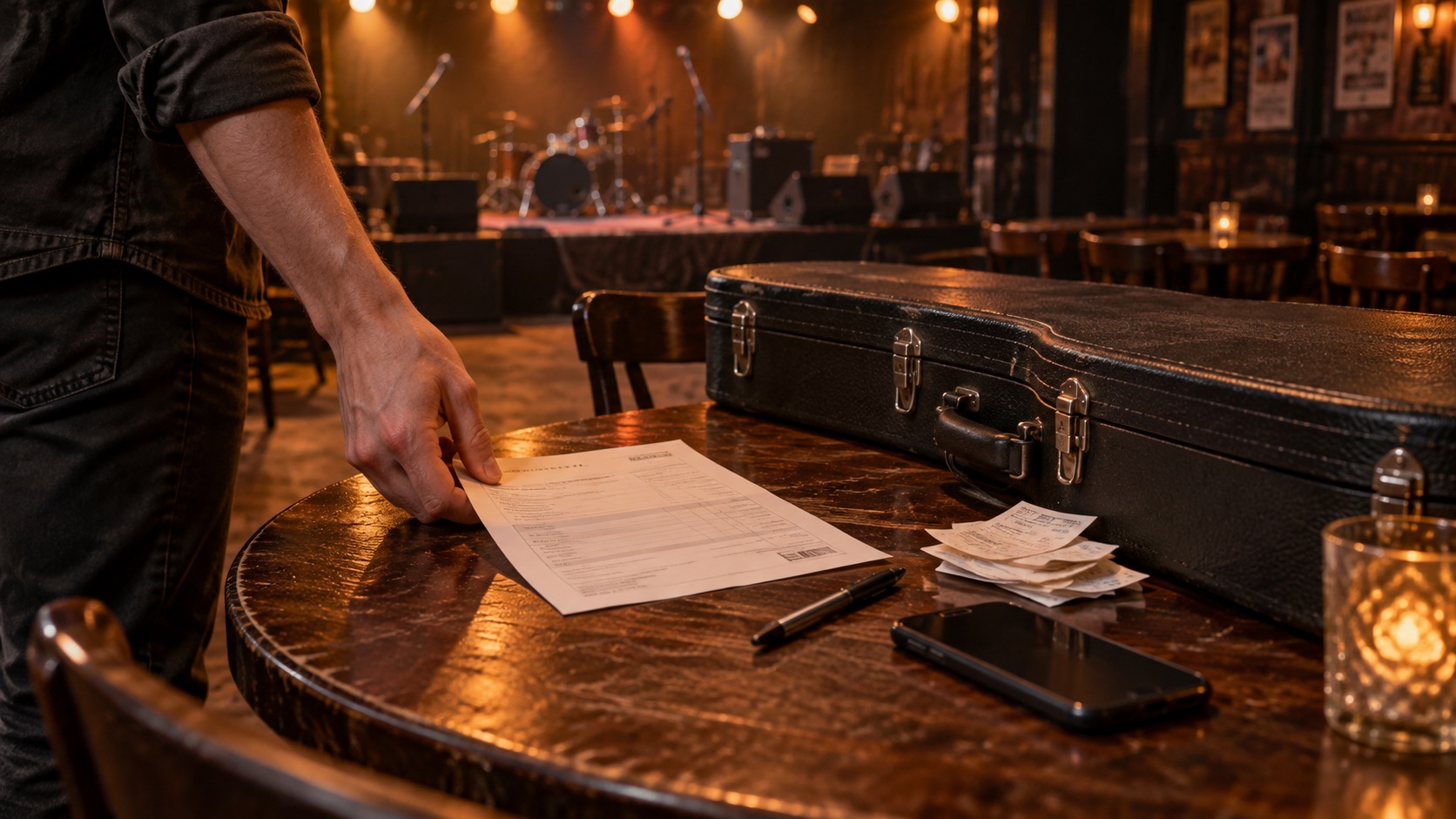 AI-generated illustration of a musician gathering an invoice and receipts after a show